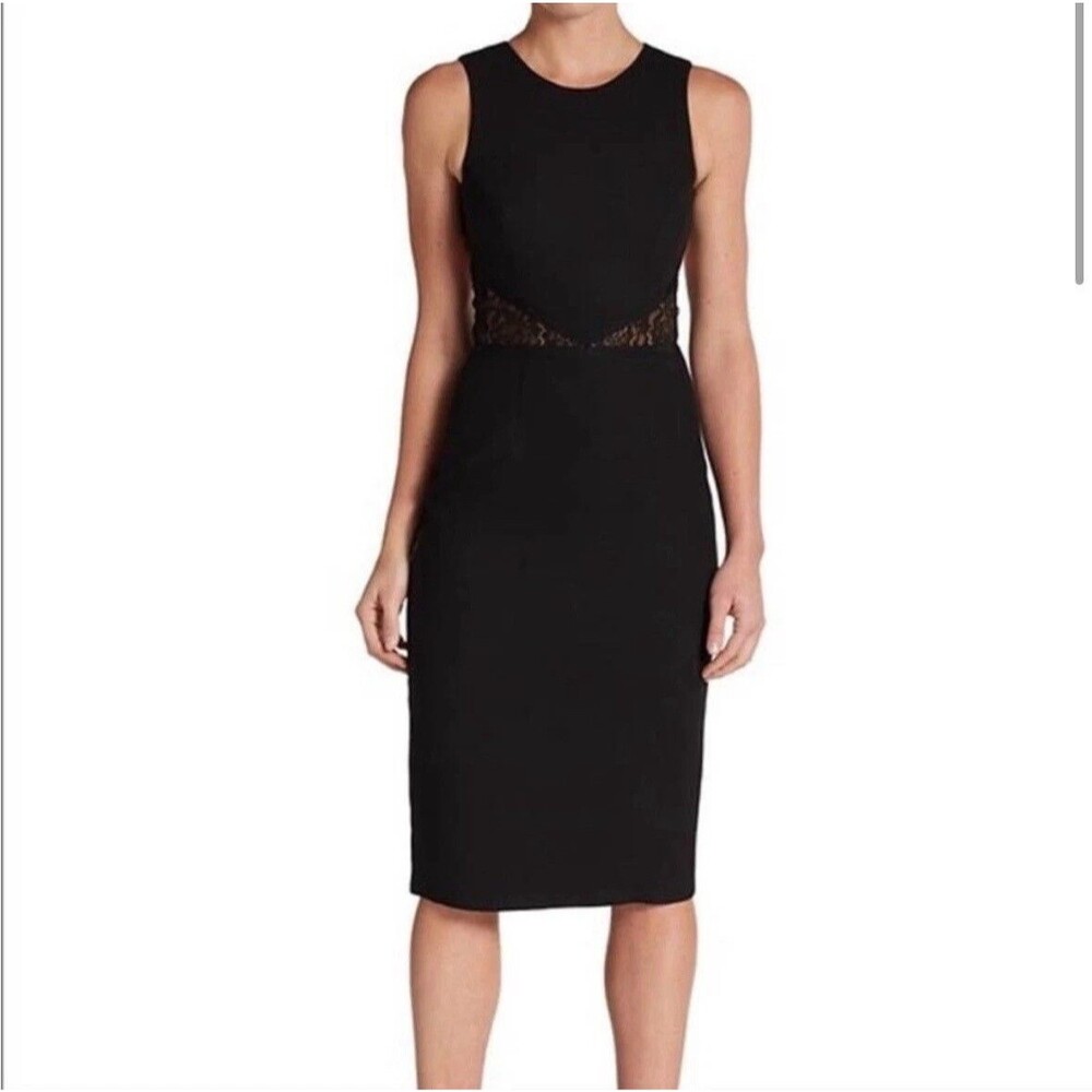NHA KHANH Sleeveless Fitted Dress 4 Black Crepe Open Back Midi Pencil EUC B47